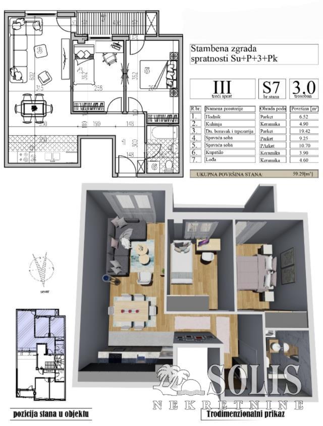 Apartment, Three-room apartment<br>59 m<sup>2</sup>, Podbara