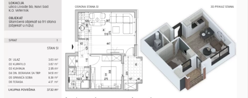 Apartment, One and a half-room apartment<br>38 m<sup>2</sup>, Adice