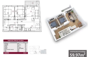 Apartment, Three-room apartment<br>60 m<sup>2</sup>, Grbavica