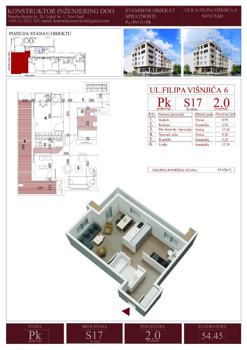 Apartment, Three-room apartment<br>54 m<sup>2</sup>, Podbara