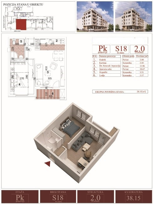 Apartment, One and a half-room apartment<br>38 m<sup>2</sup>, Podbara