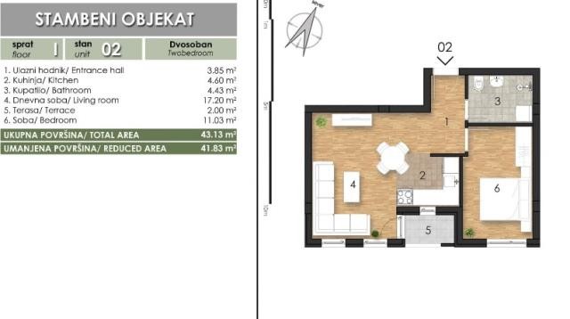 Apartment, Two-room apartment (one bedroom)<br>43 m<sup>2</sup>, Centar Riblja pijaca