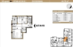 Apartment, Two-room apartment (one bedroom)<br>45 m<sup>2</sup>, Podbara