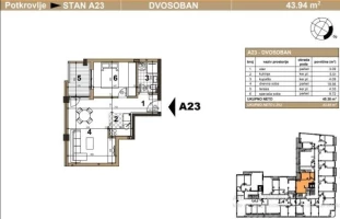 Stan, Dvosoban<br>44 m<sup>2</sup>, Podbara