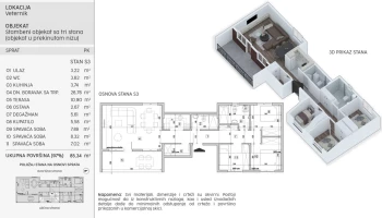Стан, Четворособан<br>85 m<sup>2</sup>, Veternik