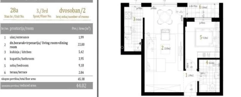 Stan, Dvosoban<br>44 m<sup>2</sup>, Centar